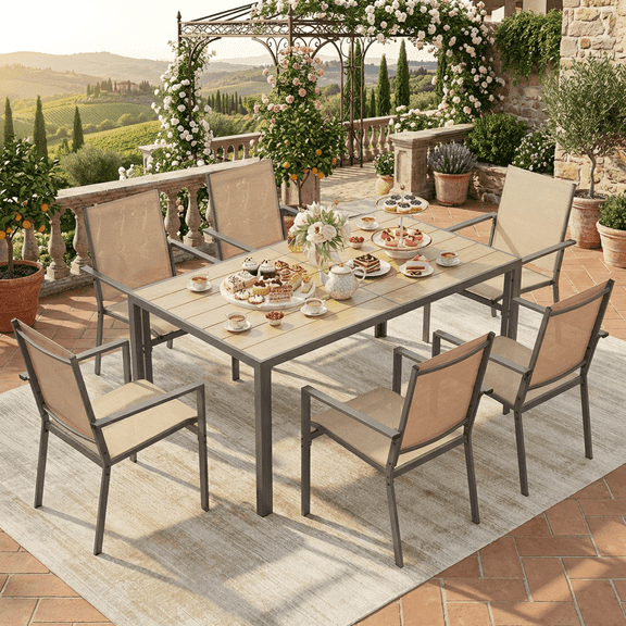 6-Seater Brown Patio Dining Set: 59.5-inch Rectangular Table with Side Umbrella Hole and 6 Textilene Outdoor Chairs, Perfect for Courtyard, Backyard and Poolside