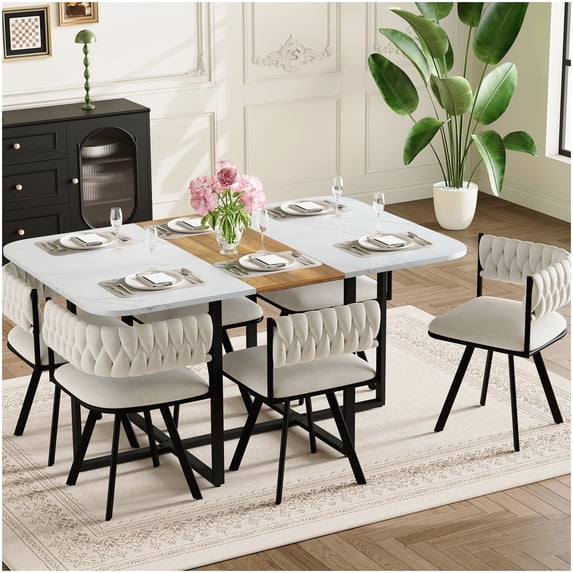 6-Seater Dining Table Set, Rectangular Faux Marble Table with Wood Grain and 6 Beige Velvet Chairs, Modern Kitchen Furniture for Apartments