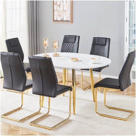 6-Seater Expandable Round Table Set, Black Chairs Gold Legs, PU Leather Dining Chairs, MDF Table for Family