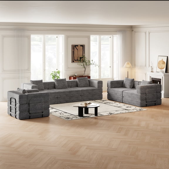 6 Seater Folding Convertible Sofa Bed, Boneless Couch with Side Storage Pockets, Corduroy Sleeper Sofa with Pull Out Bed for Living Room Bedroom Lounge, Grey