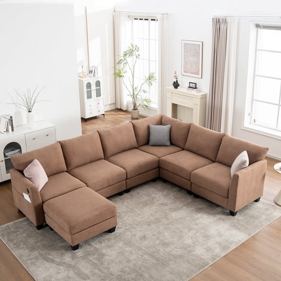 122.8" Modern Oversized L-Shaped Linen Modular Sectional Sofa, 6-Seater Corner Couch with Storage Ottoman and USB Ports for Living Room