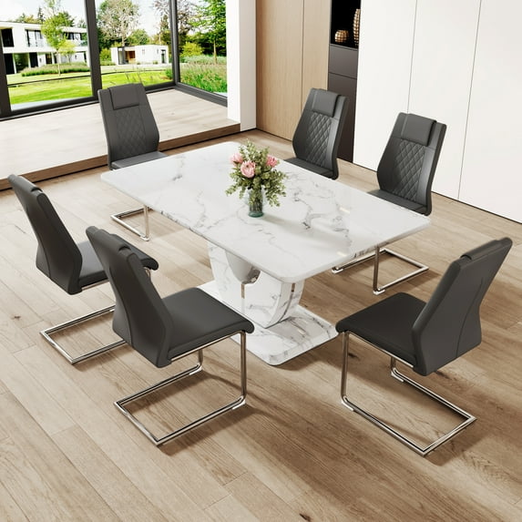 6-Seater Marble Pattern Dining Set: 63" White MDF Table with Dark Gray PU Chairs, Silver Metal Legs. Elegant Kitchen & Restaurant Furniture, Easy Assembly