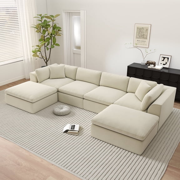 6-Seater Modular L-Shaped Sectional Sofa with Ottoman Cloud-Like Chenille Fabric Modern Boneless Design for Apartments