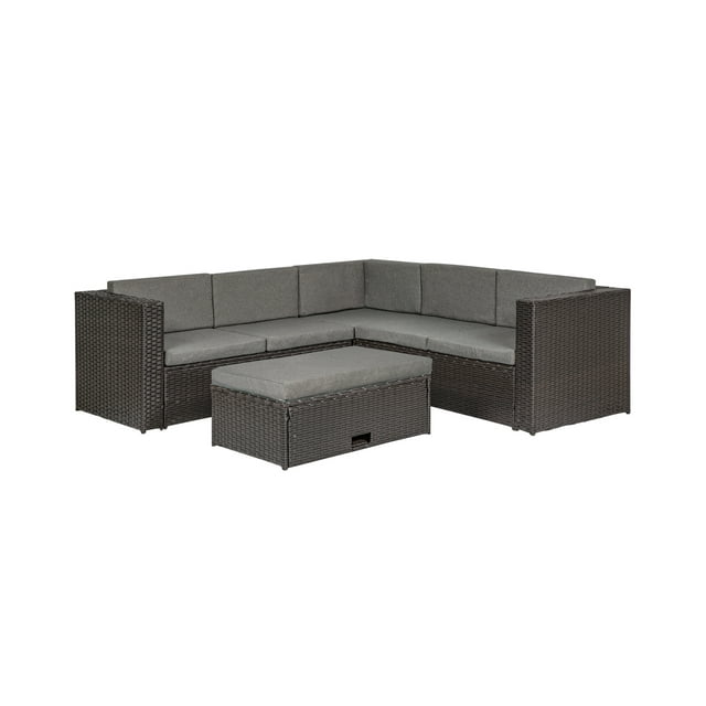 6 Seater Outdoor Patio Modern Sectional Set with Storage Ottoman, Brown/Gray
