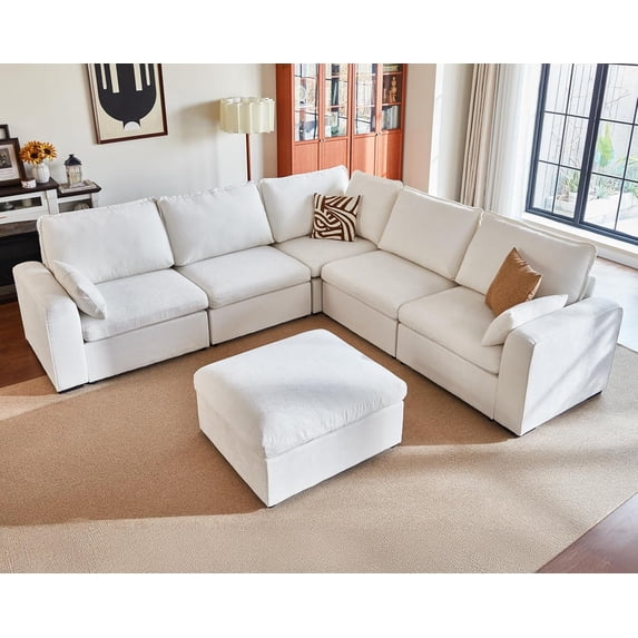 BEDEEP 120.1'' Modular Sectional Sofa with Storage Ottoman, L Shaped Chenille Cloud Couch, Convertible 6-Seater Sofa with Chaise for Living Room, White