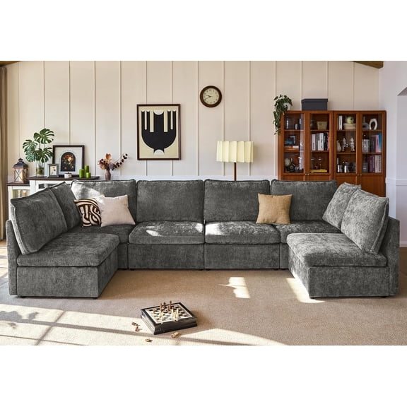 BEDEEP 151.2'' Modular Sectional Sofa with Storage Ottoman, U Shaped Chenille Cloud Couch, Convertible 6-Seater Sofa with Chaise for Living Room, Gray