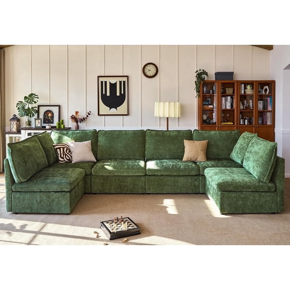 BEDEEP 151.2'' Modular Sectional Sofa with Storage Ottoman, U Shaped Chenille Cloud Couch, Convertible 6-Seater Sofa with Chaise for Living Room, Green