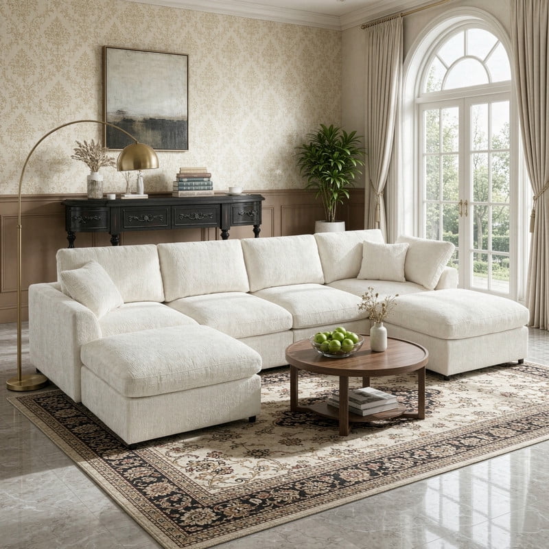 6-Seater Oversized Sectional Sofa, Upholstered Indoor Couch with Solid Wood Frame, Modular Sofa Set with 2 Movable Ottomans