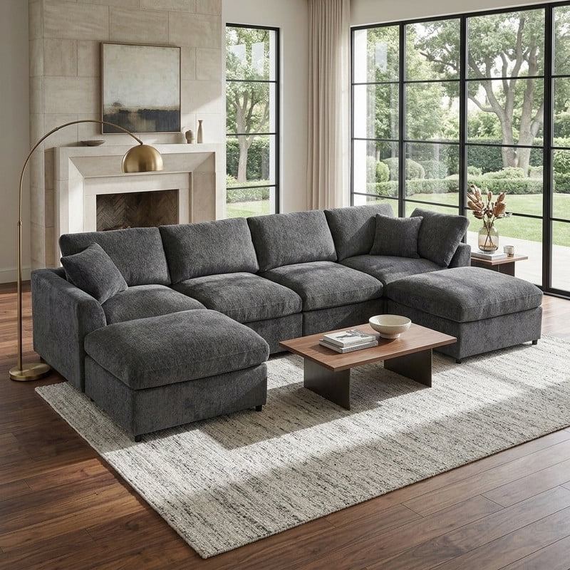 6-Seater Oversized Sectional Sofa, Upholstered Indoor Couch with Solid Wood Frame, Modular Sofa Set with 2 Movable Ottomans
