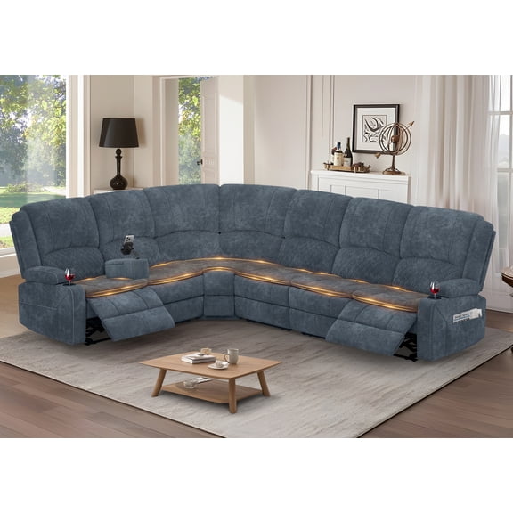 6 Seater Reclining Sofa,recliner with Center Armrest, USB, Phone Holder & Storage, Perfect for Home Cinema, Modern Couch (Fabric, Blue)