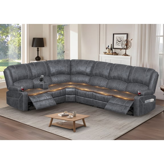 6 Seater Reclining Sofarecliner with Center Armrest, USB, Phone Holder & Storage, Perfect for Home Cinema, Modern Couch (Velet, Gray)