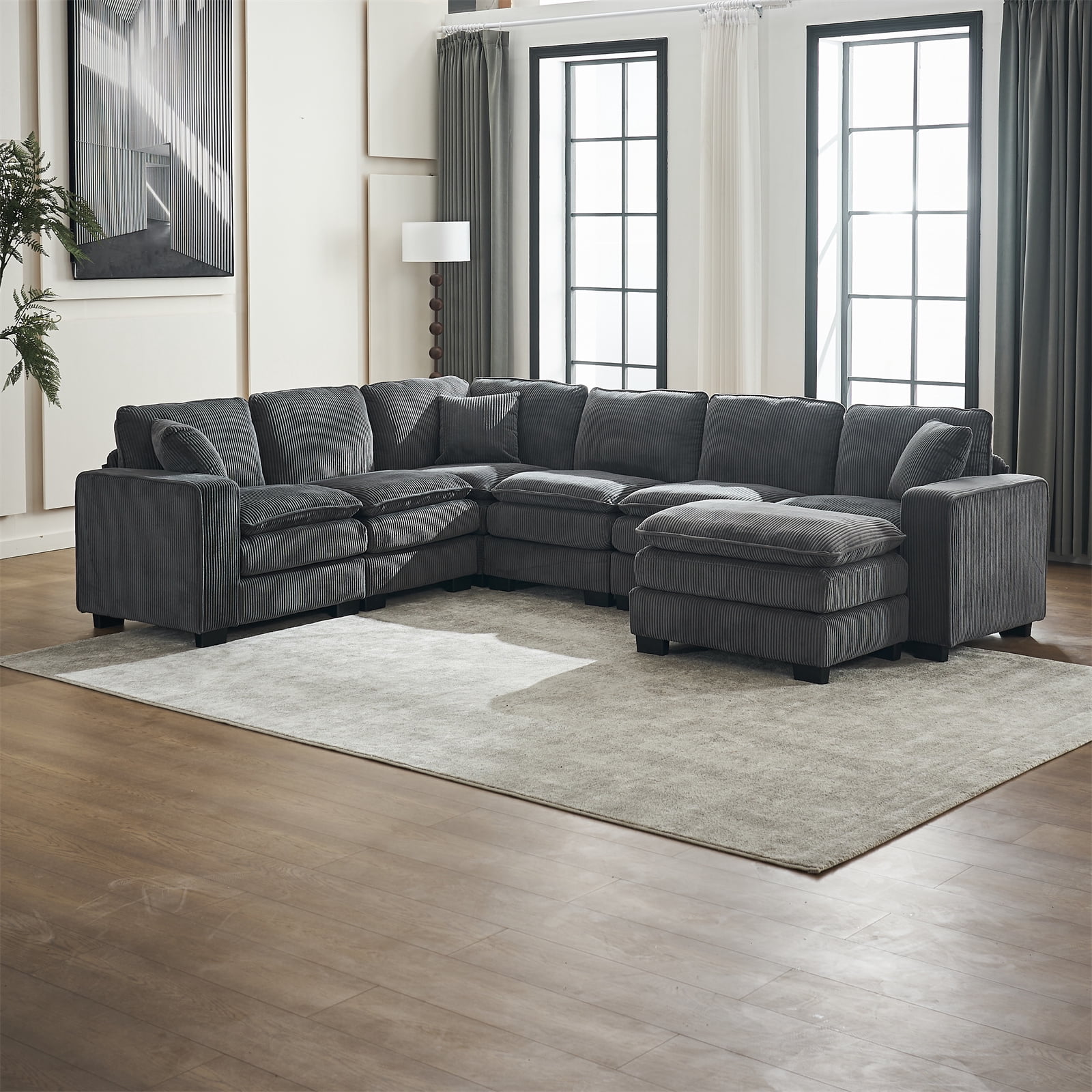 U Shaped Sectional Sofa with Ottoman and 3 Toss Pillows, 6 Seater