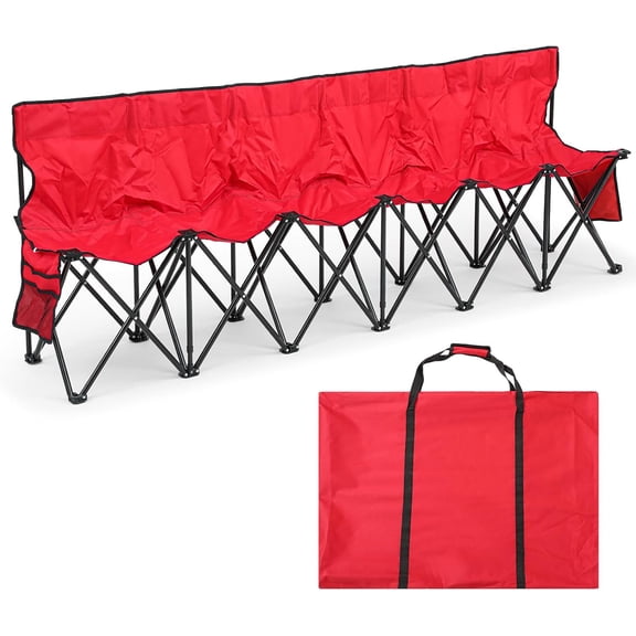 6 Seats Folding Soccer Bench Chair Portable Team Sideline Bench for Football Camp Travel Events Outdoor Seating with Storage Bag(Red)