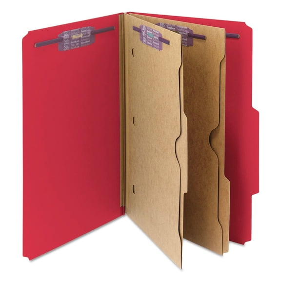 Smead 19082 6 SafeSHIELD Fasteners 2 Dividers 6 Section Pressboard Top Tab Pocket Classification Folders - Legal Size, Bright Red (10/Box)