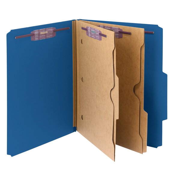 Smead Pressboard Classification Folders With Pocket-Style Divider And SafeSHIELD Fastener, Letter Size, 50% Recycled, Dark Blue, Box of 10
