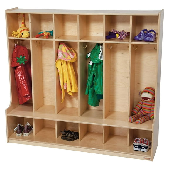 Wood Designs 6 Section Seat Locker – Wooden Preschool Cubby and Coat Storage Unit with Bench