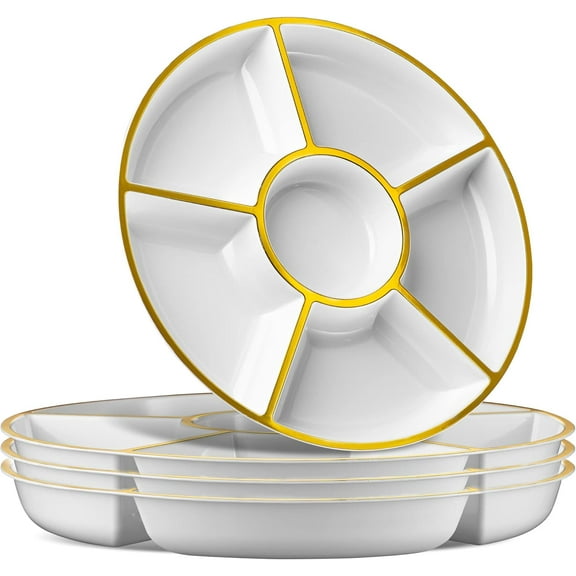 6 Sectional Round Plastic Serving Tray/Platter (2, White & Gold)