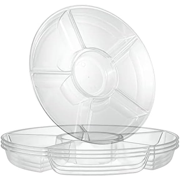6 Sectional Round Plastic Serving Tray/Platters Clear Pack of 2