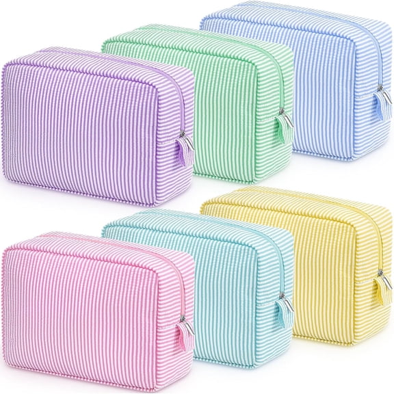 6 Seersucker Cosmetic Bag Bulk Striped Makeup Bag for Women Aesthetic Cute Travel Toiletry Organizer Preppy Storage Pouch for Wedding Bridesmaid Mother's Day Teacher Gift (Large,Macaron Color)
