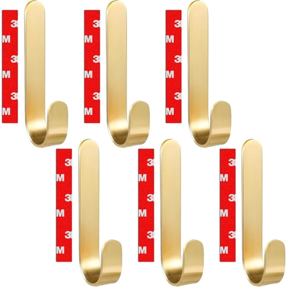 6 Self Adhesive Wall Hooks for Hanging Towels | Nailless Hooks for Shower Tile, Damage Free, Multi Purpose [Stronger Adhesive] (Gold)