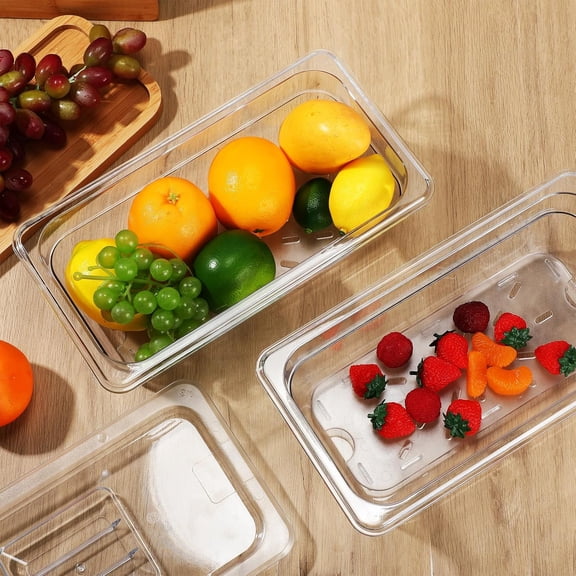 6 Set 1/3 Size Polycarbonate Food Pans with Lids and Drain Shelf Clear Square Food Storage Containers for Kitchen Restaurant Fruit Vegetable Food Container and Storage (4 Inch Deep)