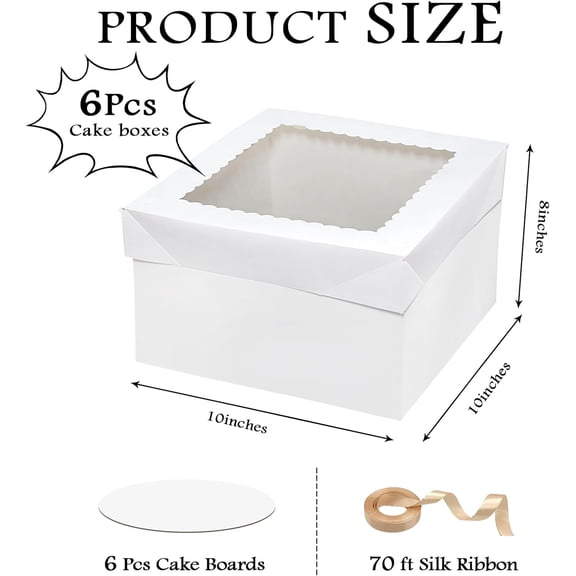 6-Set 10x10x8in Cake Boxes with Boards, Windows & 70ft Silk Ribbon – Holiday Deal, Perfect for Large Cakes, Birthday, Wedding & Party Desserts