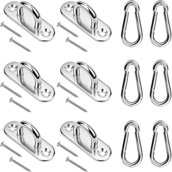 6 Set 304 Stainless Steel Pad Eye Hook M5 Ceiling Hooks Heavy Duty - 1.8 Inch, Pad Eye Plate Hanger Snap Rope Hook Staple U Hooks Loop with Screws for Plate Holder Marine Carabiners