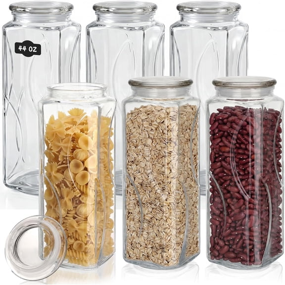 6 Set 44 oz Square Glass Storage Jars with Airtight Seal Lids Clear Pantry Containers Food Storage Kitchen Jar Pantry & Laundry Organizer, Wide Mouth, Leakproof, Ergonomic Groove Grip