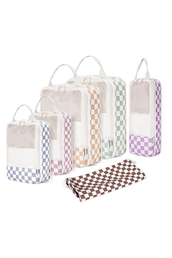 6 Set/5 Set Compression Packing Cubes for Suitcases, for Travel Women Carry on, Packing Organizers Bag for Backpack Luggage Duffle Bags, Checkerboard