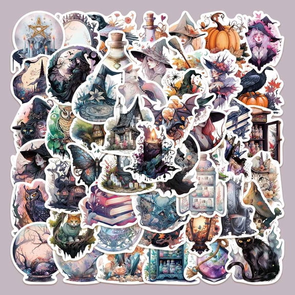 6 Set 50Pcs Halloween Witch Theme PVC Self-adhesive Cartoon Stickers Waterproof Decals for Suitcase Skateboard Refrigerator Helmet Mobile Phone Shell Witch 50x40mm
