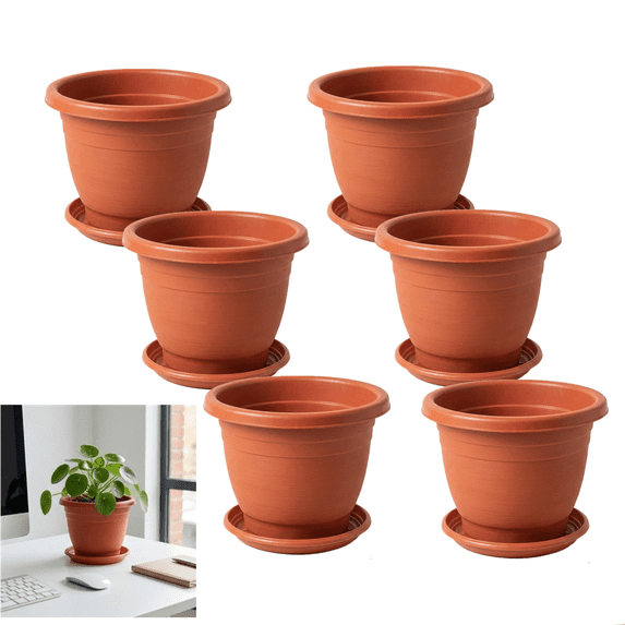 6 Set of 7-Inch Plastic Plant Pot with Saucer – Durable Terracotta Style Indoor Outdoor Flower Planter for Houseplants, Succulents, and Herbs – Lightweight Weather-Resistant Garden Pot Drainage Tray