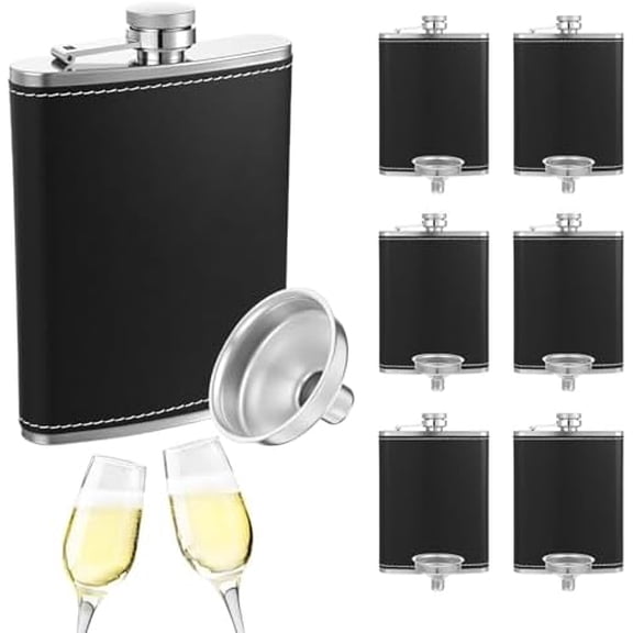 6 Set 8 oz Leather Hip Flasks, Stainless Steel, Leak Proof, Wedding/Christmas Gifts | Home Decor