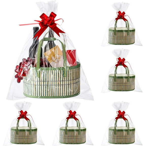 6 Set Baskets for Gifts Empty Bulk Large Woven Bamboo Gift Basket Kit with Handles, Clear Cellophane Wrap Baskets for Baby Shower, Birthday Party Wrapping Gift Bags Cards (Green)