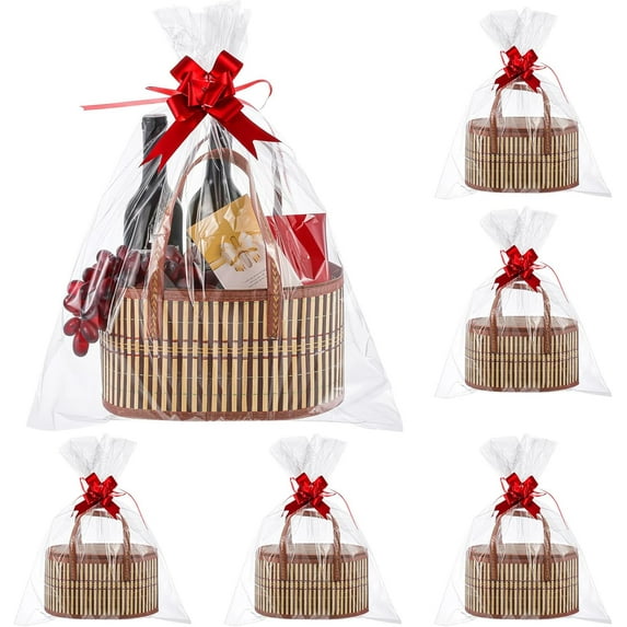 6 Set Baskets for Gifts Empty Bulk Large Woven Bamboo Gift Basket Kit with Handles, Clear Cellophane Wrap Baskets for Baby Shower, Birthday Party Wrapping Gift Bags Cards(Yellow)