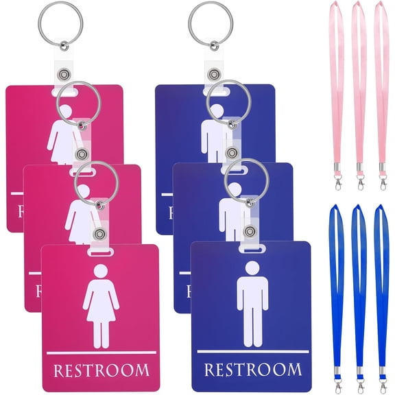 6 Set Bathroom Restroom Hall Pass with Key Holder and Lanyard, Blue and Pink Men Women Bathroom Tag for Family School Classroom Office Washroom Hall
