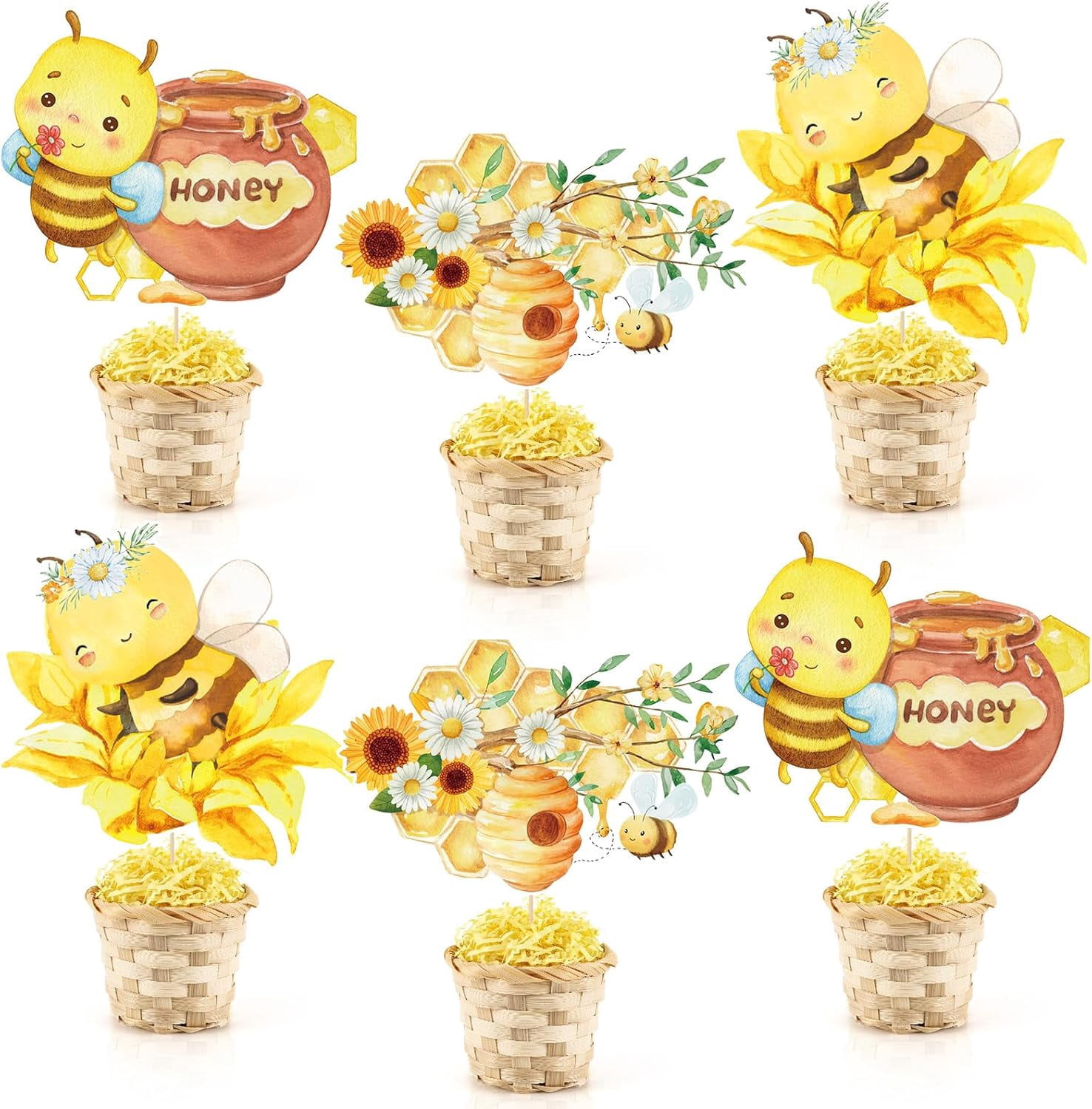 6 Set Bee Bumble Honeycomb Baby Shower TableCenterpieces Decortion with Bamboo Basket A Little Bee Is On The Way Welcome Oh Baby Boy Girl Gender Reveal Party Birthday Nursery Cake Toppers Tiered Tray