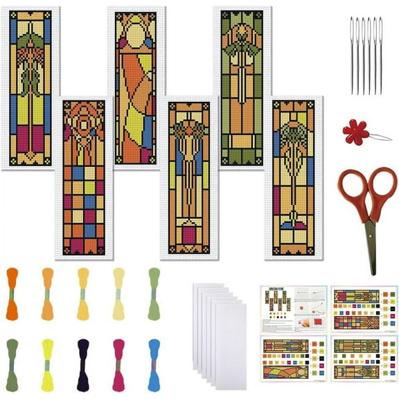 6 Set Bookmark Cross Stitch Kits Stitch Bookmark Cross Stitch Kits with Instructions Gothic Stained Glass Pattern Cross Stitch Kit for Beginners Bookmark Making Kit for Gift Red