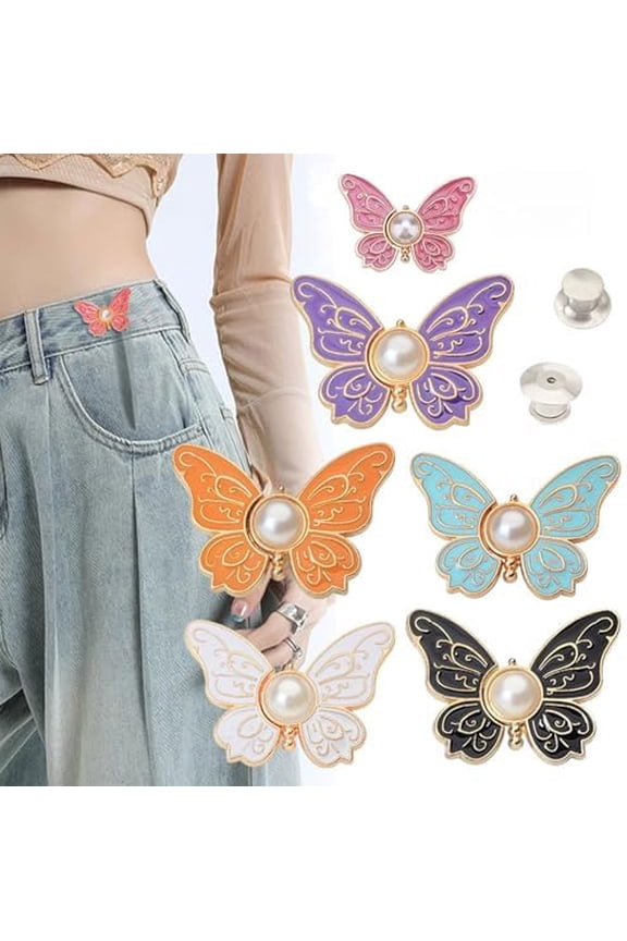 6 Set Butterfly Jean Buttons Pins,Detachable Butterfly Jean Buttons Pant Waist Tightener for Loose Jeans, Jean Buttons Pins No Sewing Detachable