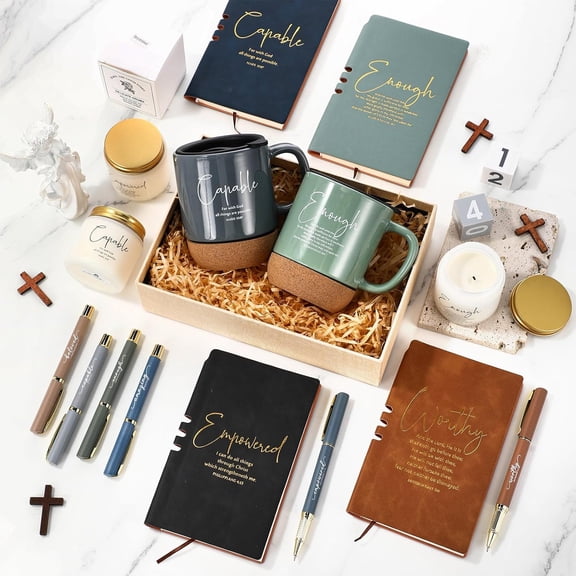 6 Set Christian Gifts Bulk 15 oz Ceramic Bible Verses Coffee Mug A6 Leather Journal with Pen and Scented Candle Inspirational Religious Gift for Women Men Pastor Church (Vivid Color)