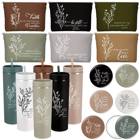 6 Set Christian Mothers Day Gifts For Women Bible Verse Skinny Tumbler With Lid Straw Religious Cosmetic Bag Compact Mirrors For Godmother Nurse Teacher Sunday School Appreciation Gift