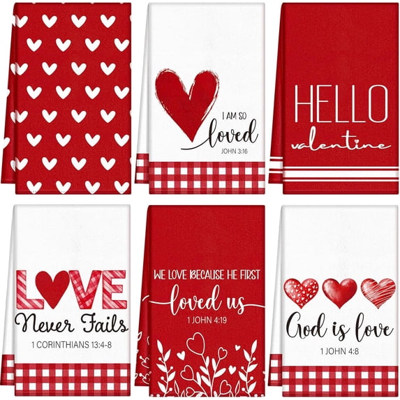 6 Set Christian Valentine''s Day Kitchen Towels Bible Verse Scripture Red Heart Valentines Dish Towels 18x26 Inch Sweet Love Bathroom Hand Drying Tea Dishcloth for Anniversary