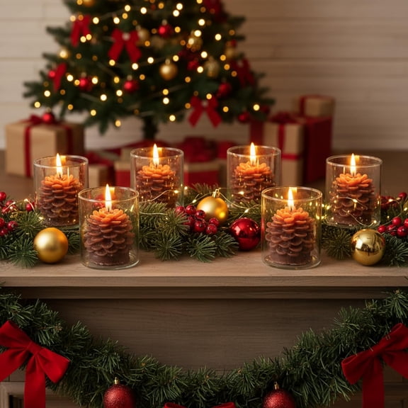 6 Set Christmas Pine Cone Candles Flammable Acorn Decor with Straight Glass Container Real Wax Unscented Candle for Thanksgiving Christmas Winter Holiday Decoration