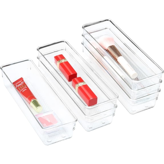 6 Set Clear Plastic Junk Drawer Organizer Vanity Curlery Utensil Makeups Organizer for Kitchen 9''X 3''