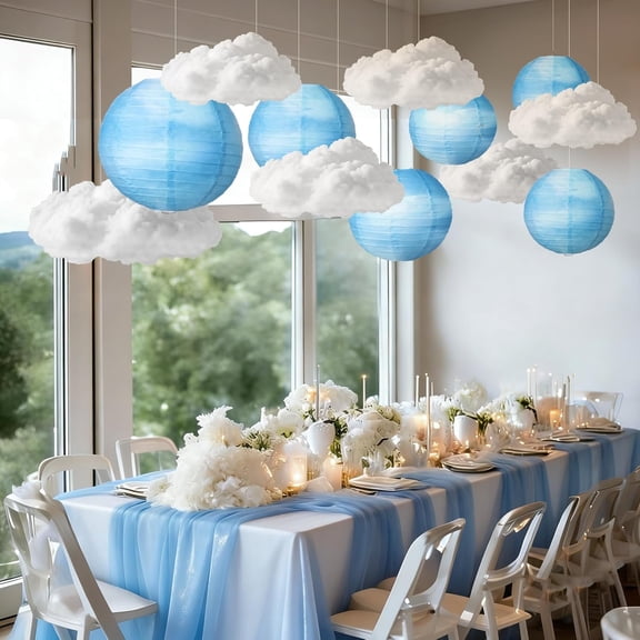 6 Set Cloud Lights for Room Ceiling Blue Sky White Cloud Party Decoration Paper Lanterns with Fiber 3D Clouds Hanging DIY 9.85" X7.87" Round Paper Lanterns for Bridal, Wedding Party Favor