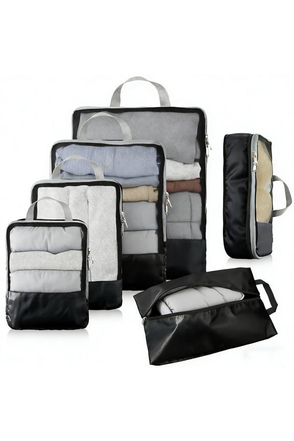 6 Set Expandable Compression Packing Cubes for Suitcases,  Compression Packing Cubes with Portable Handle, Breathable Mesh, Double Zippers