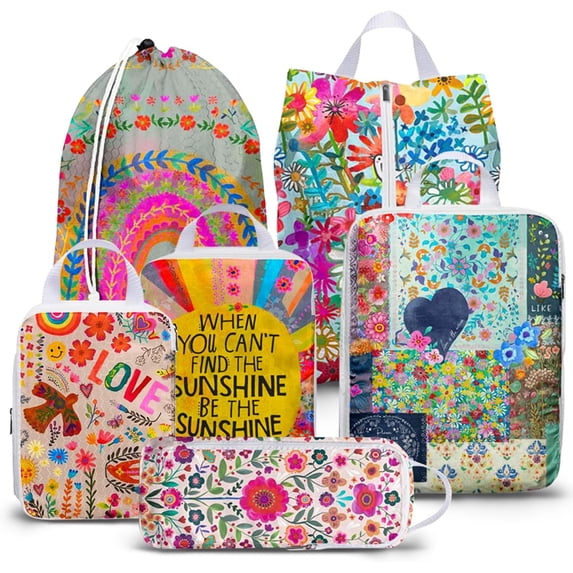 6 Set Compression Packing Cubes for Suitcase,Travel Essentials,Boho Floral Packing Cubes for Travel, Organizer Bags for Backpack/Carry-On Luggage,Ultralight and Waterproof