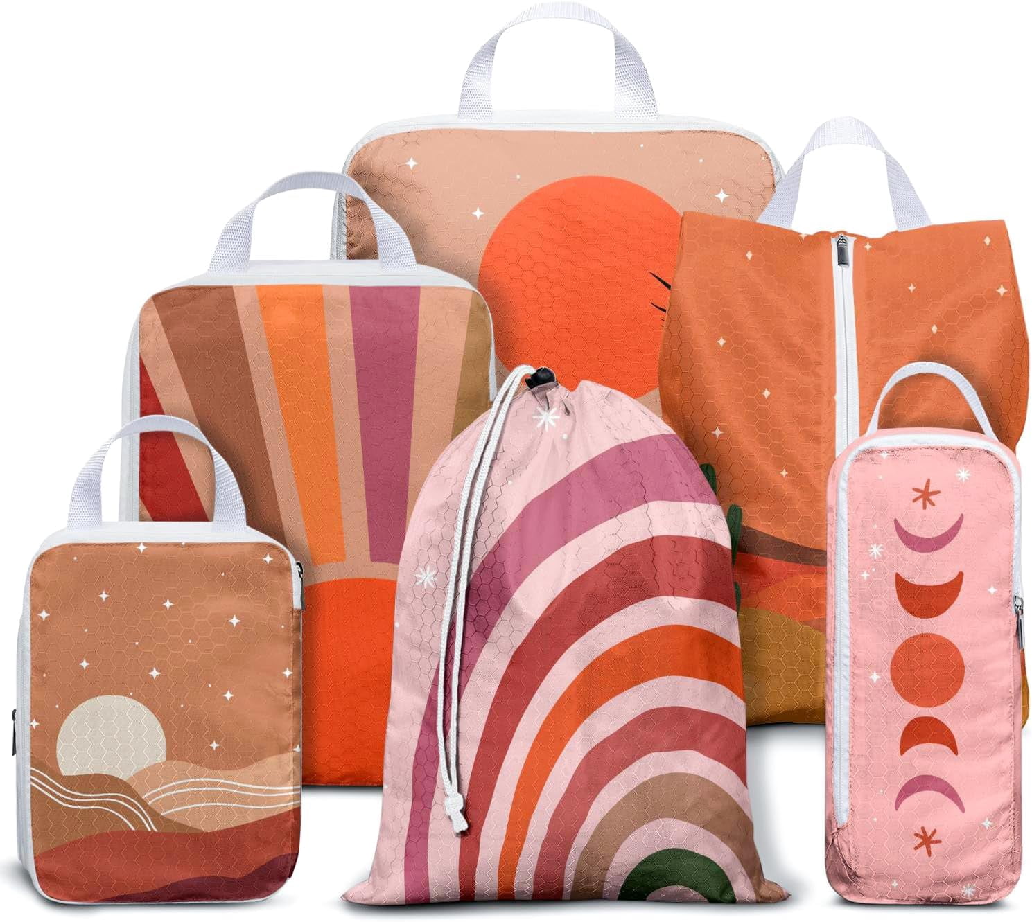 6 Set Compression Packing Cubes for Travel,Bohemia Packing Cubes for Suitcase Luggage Organizer Bags,Travel Essentials for Carry on Backpack,Ultralight and Waterproof(Boho Sunrise Sunset Moon)