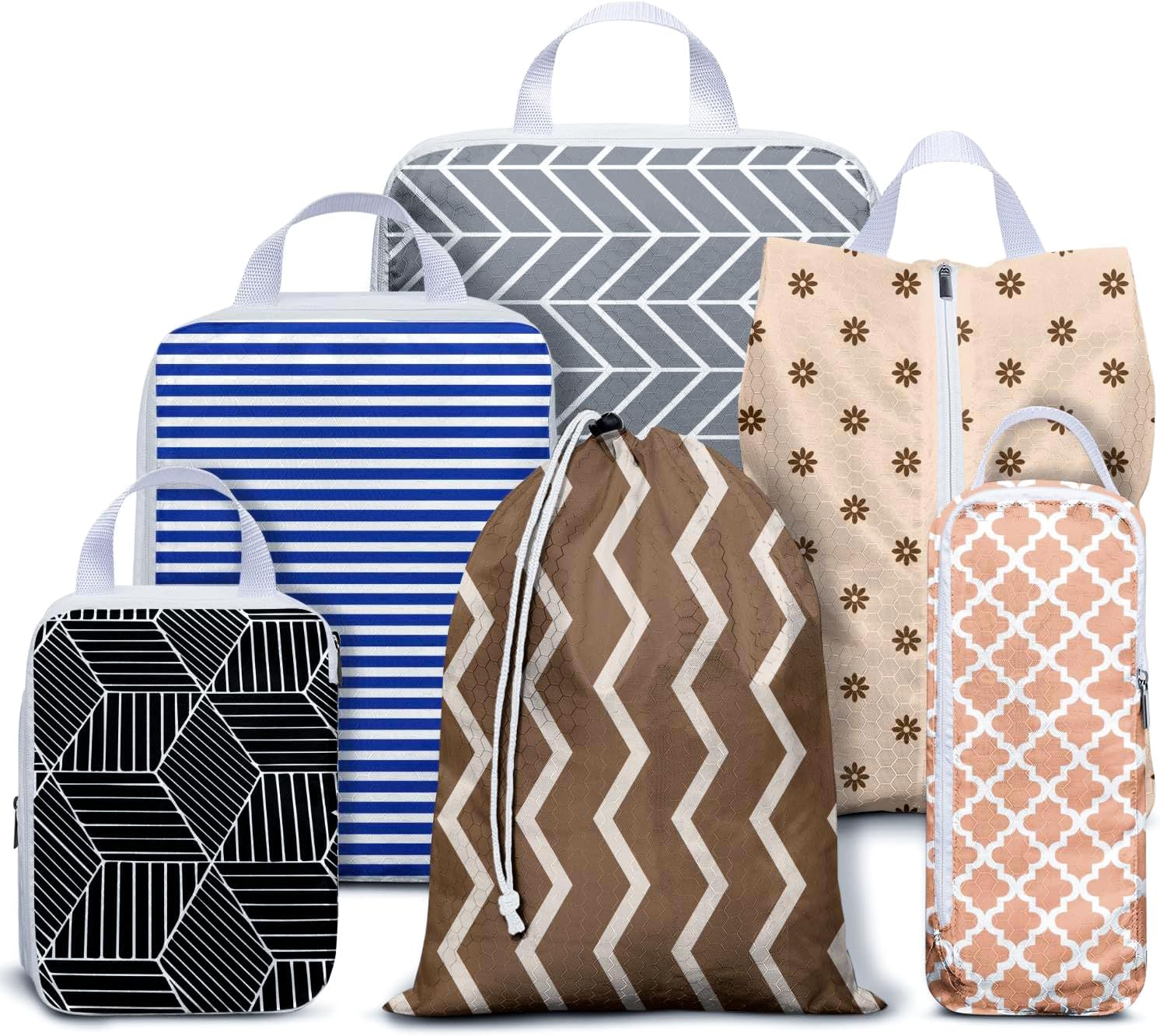 6 Set Compression Packing Cubes for Travel,Bohemia Packing Cubes for Suitcase Luggage Organizer Bags,Travel Essentials for Carry on Backpack,Ultralight and Waterproof(Boho Geometric Stripe)