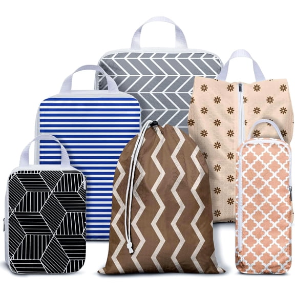 6 Set Compression Packing Cubes for Travel,Bohemia Packing Cubes for Suitcase Luggage Organizer Bags,Travel Essentials for Carry on Backpack,Ultralight and Waterproof(Boho Geometric Stripe)