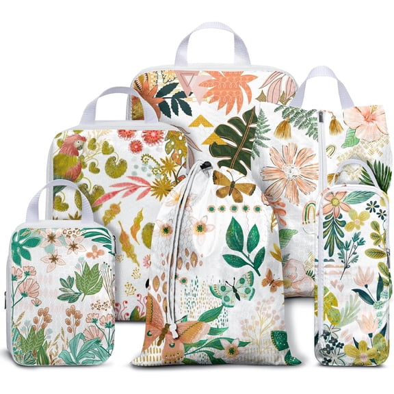 6 Set Compression Packing Cubes for Travel,Bohemia Packing Cubes for Suitcase Luggage Organizer Bags,Travel Essentials for Carry on Backpack,Ultralight and Waterproof(Tropical Plants Paradise)